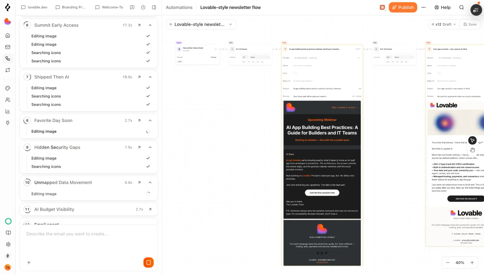 A remixed flow open in Brew's automation canvas: a Newsletter Subscribed trigger, a 53-hour wait, a rebuilt email, a 122-hour wait, and the next email, with the email agent writing each step in the side panel