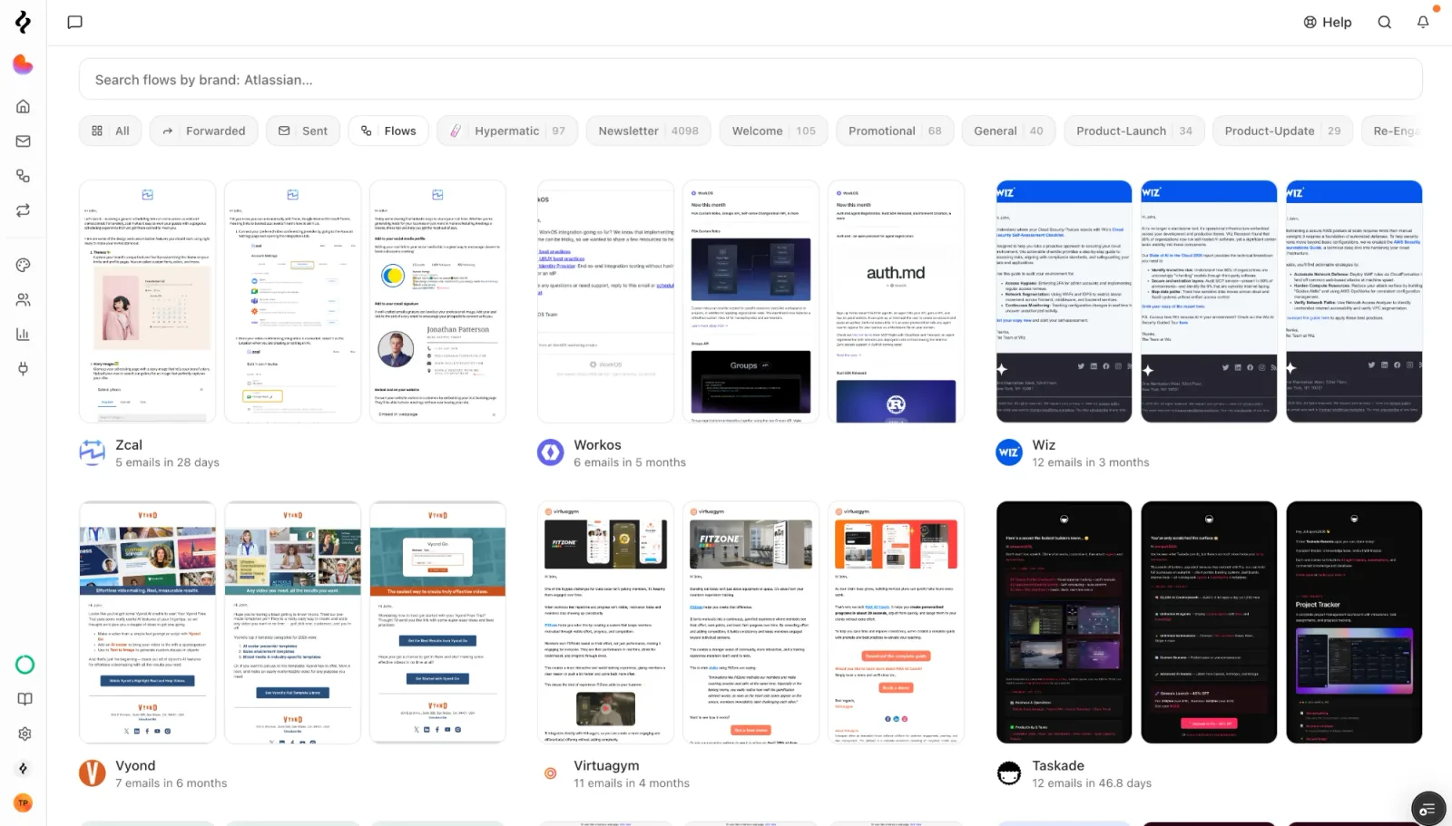 The flows gallery in Brew, showing the Zcal, WorkOS, Wiz, Vyond, Virtuagym and Taskade sequences with the email count and span under each brand